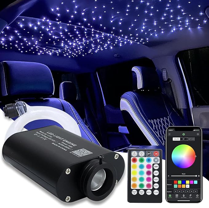 AMKI 16W Fiber Optic Lights,Starlight Headliner Light Kit APP/Remote Control Sound Activated Mode for Car&Home Decoration,Optical Fiber Cable Strands 0.75mm/0.03in 6.5ft/2m 300pcs