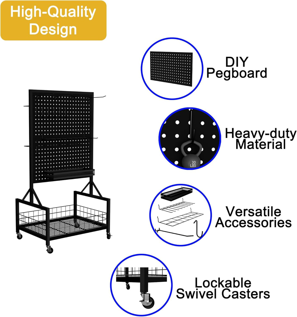 All-in-One Garage Storage Cart with Locking Wheels – Heavy-Duty Tool Organizer with Rack, Pegboard & Hooks & Accessories – Ideal for Garage, Garden, Yard – Utility Cart with Versatile Storage