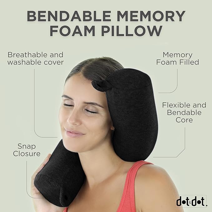 Dot&Dot Twist Memory Foam Travel Pillow for Airplanes - Travel Neck Pillow for Sleeping - Airplane Pillow for Neck Support, Chin, Lumbar and Leg - Adjustable, Bendable Neck Roll Pillow (Onyx)