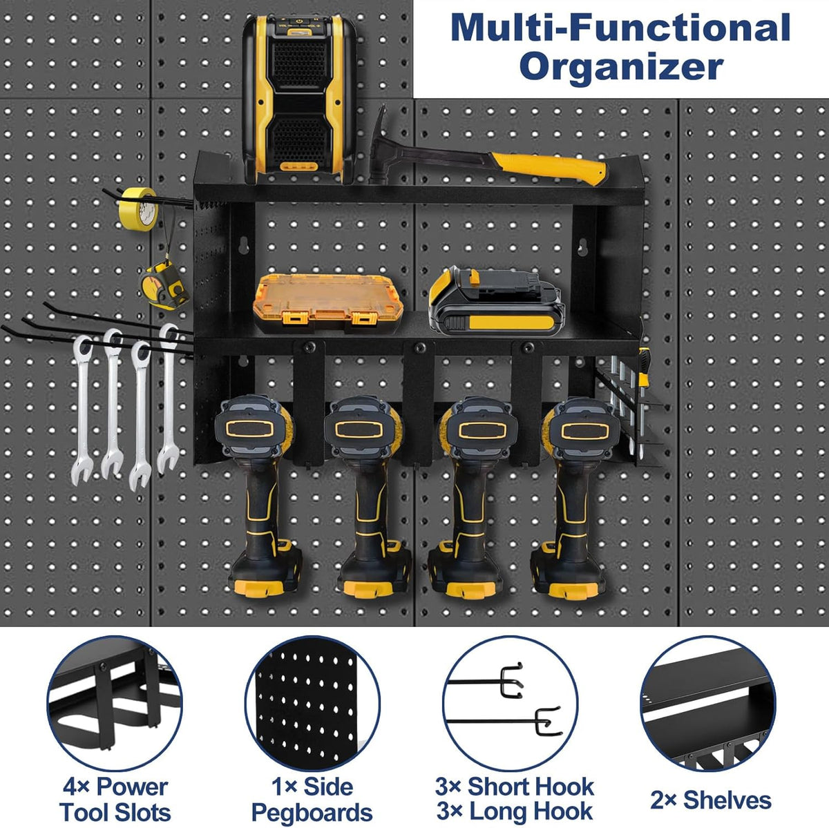 Heavy-Duty Power Tool Organizer Wall Mount, 3-Tier Drill Storage Rack with Dual Side Pegboards and 4 Hooks, Perfect for Garage, Workshop, Tool Room - Ideal Gift for Men, Black