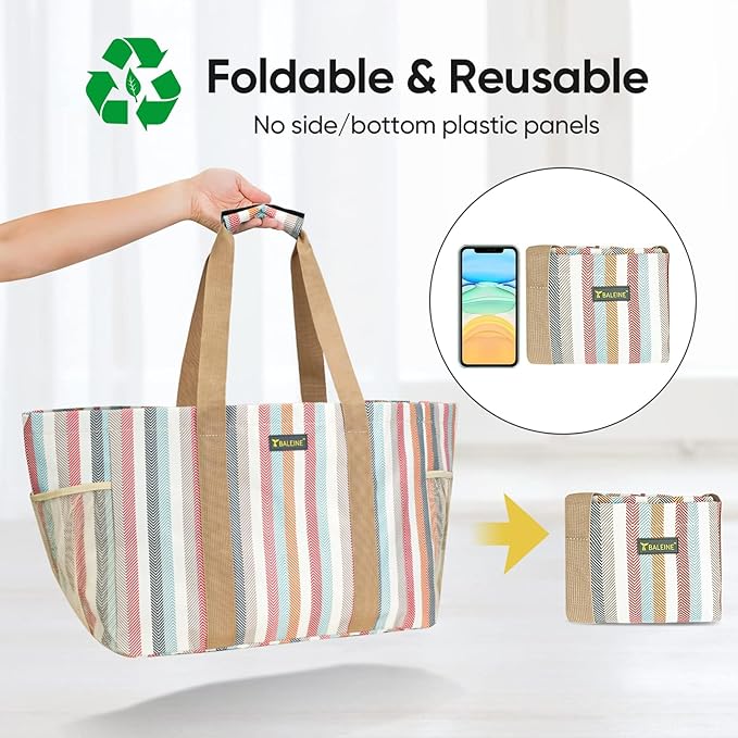 BALEINE Soft 9 Gallon Extra Large Utility Tote, Foldable Reusable Storage Bag (Color Stripe)
