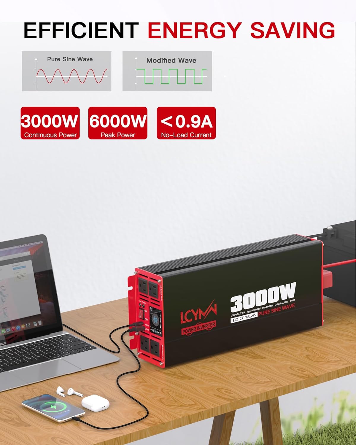 3000 Watts Power Inverter Pure Sine Wave DC 12V to 110V/120V AC 6000W Peak Inverters with 4 AC Outlets Type-C PD30W QC3.0 USB Fast Charging Port Remote Control and LCD Display Solar Off-Grid Converter