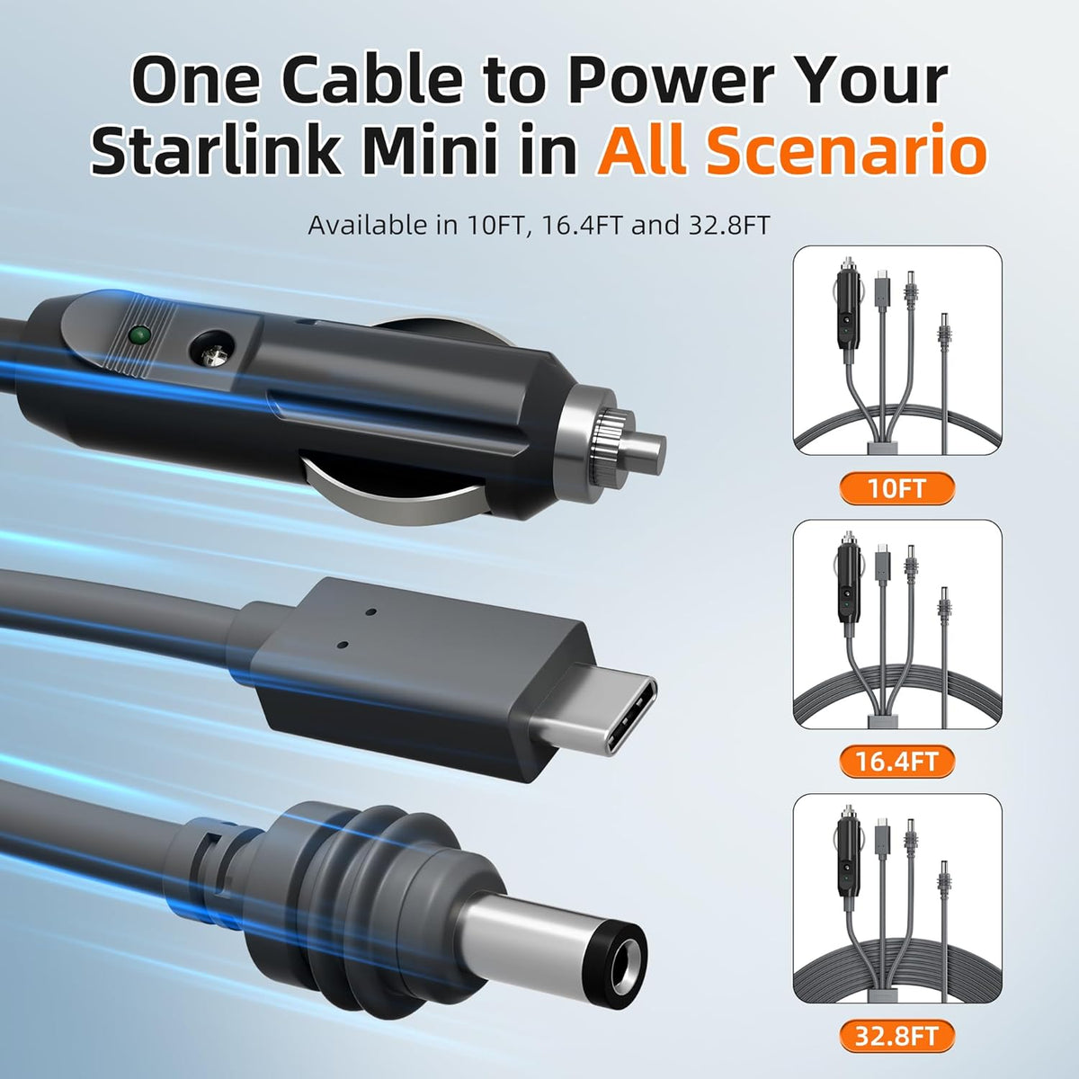 Starlink Mini Power Cable 3-in-1 33FT/10M USB-C to DC 12-24V Car Power Cord, 100W Waterproof Cigarette Lighter Plug DC Male Input Charging Extension Cable for Starlink Mini