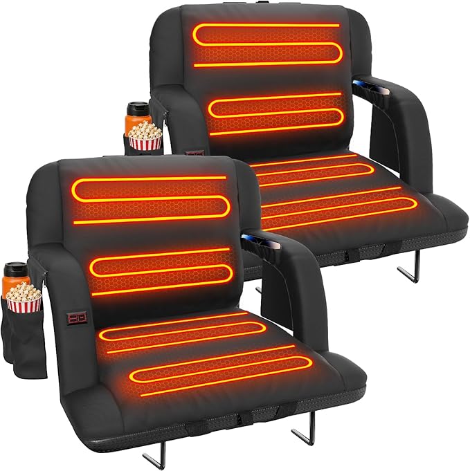Suteck Extra Wide Heated Stadium Seats with Back Support 2 Pack, Portable Sofa Style Bleacher Chair with Back and Cushion, Armrest, Ideal for Outdoor Stadiums and Events -23" Wide