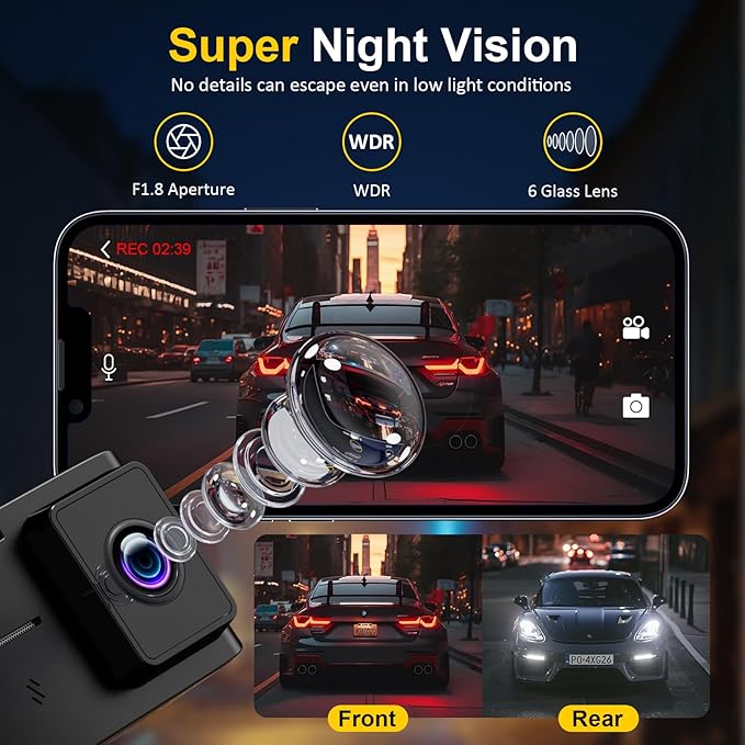 Dash Cam Front and Rear: 4K+2.5K Dual Channel Dash Cam-5GHz WiFi, GPS Dash Camera for Cars with 64GB Card, 2.0" IPS Screen, App Control,G-Sensor,Loop Recording,170°Wide Angle,Night Vision,Parking Mode