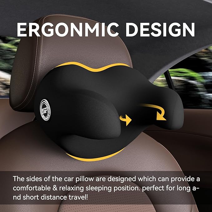 SPRFUFLY U-Shaped Car Headrest Pillow for Sleeping, 100% Memory Foam Car Pillow with Breathable Removable Cover, Ergonomic Design - Ideal Car Companion for Naps & Neck Pain Relief (Black, 1PC)