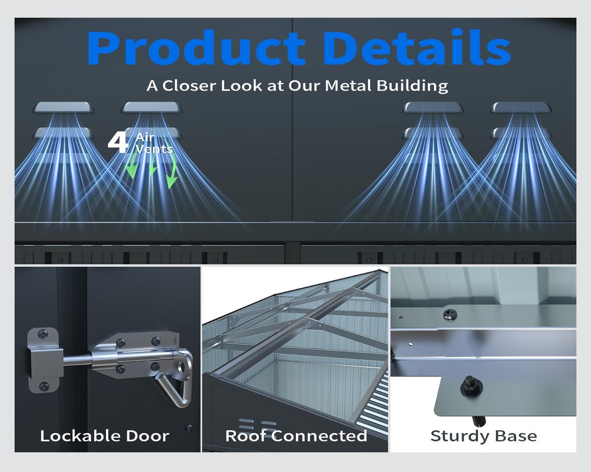 20x13 Metal Shed, Metal Garage Building with 2 Lockable Doors, Prefab Garage Shed with 4 Air Vents, Large Sheds & Outdoor Storage Clearance, Car Sheds for Truck, Tool, Lawnmower, Black