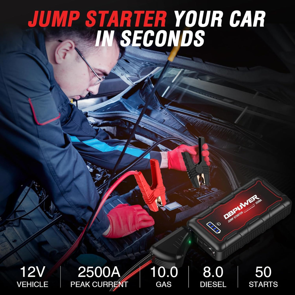 DBPOWER Jump Starter 2500A Peak 74Wh Portable Car Jump Starter (Up to 10L Gas/8L Diesel Engine) 12V Auto Battery Booster Pack with Smart Clamp Cables, Quick Charger, LED Light Jump Box