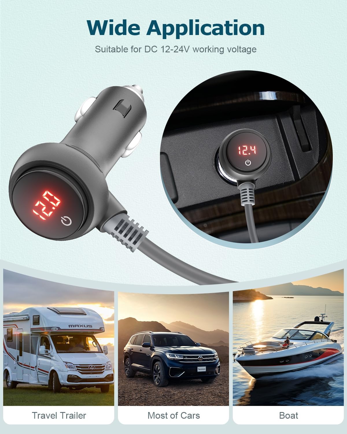 Starlink Mini Cable 10FT Car Adapter for Starlink Mini 12V Adapter with Switch/Digital Display 12V-24V DC Power Cable Cigarette Lighter Car Charger Waterproof Accessories for RV Trucks Boat 18AWG 3M