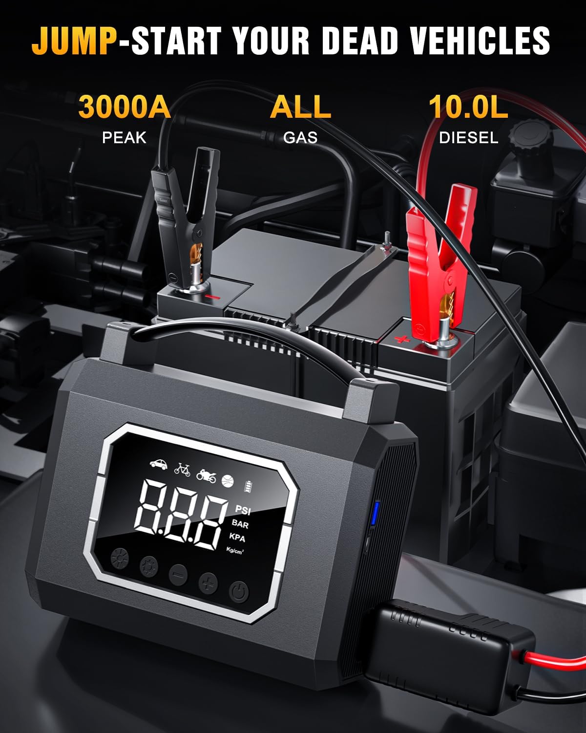 Jump Starter 3000A, Car Battery Jumper Starter Portable (All Gas 10L Diesel Engine) with 65W Quick Charger, 12V Portable Jump Box with 4 Modes Flashlight and Jumper Cable (Black)