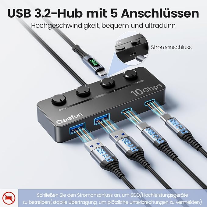 Qeefun 4-Port USB 3.2 Hub with 2 USB-C and 2 USB-A Ports, Individual LED Power Switches,10Gbps Data Transfer USB Splitter with 4ft Extension Cable, Multiple USB Extender for Laptop, PC, iMac etc