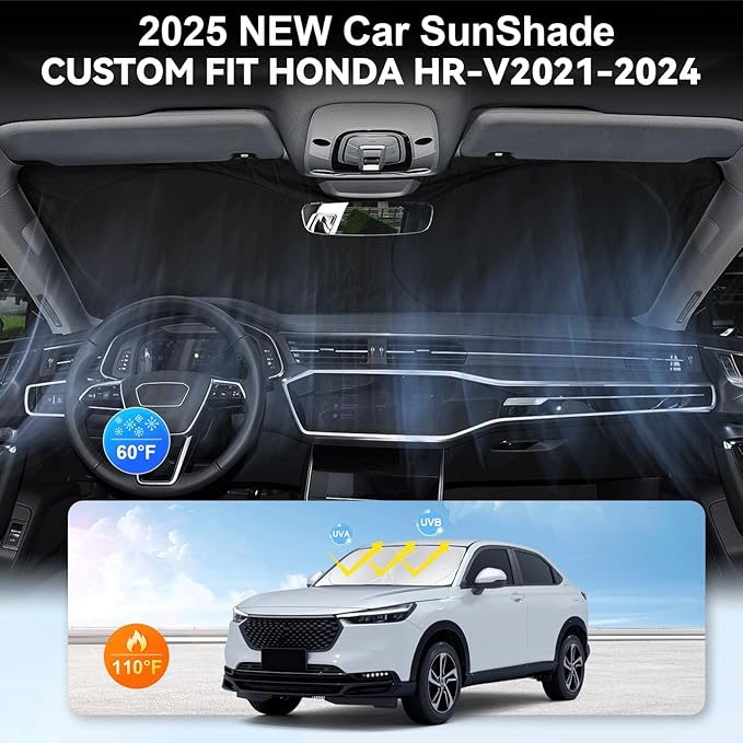 Custom Fit HR-V Windshield Sunshade for 2021 2022 2023 2024 2025 2026 HR-V (LX Sport EX EX-L) Accessories Front Window Cover for Windshield Sun Visor Protector 210T Reflective Blocks UV Keep Cool