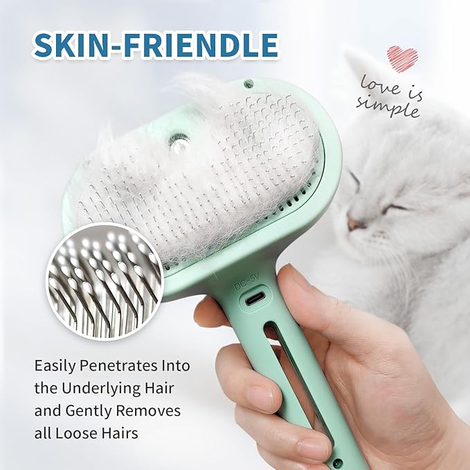 Steam Pet Brush for Shedding, 3 In 1 Self Cleaning Anti-Static Steamy Hair Brush, Reduces Loose Hair and Shedding for Long and Short Hair Pets Grooming, Green