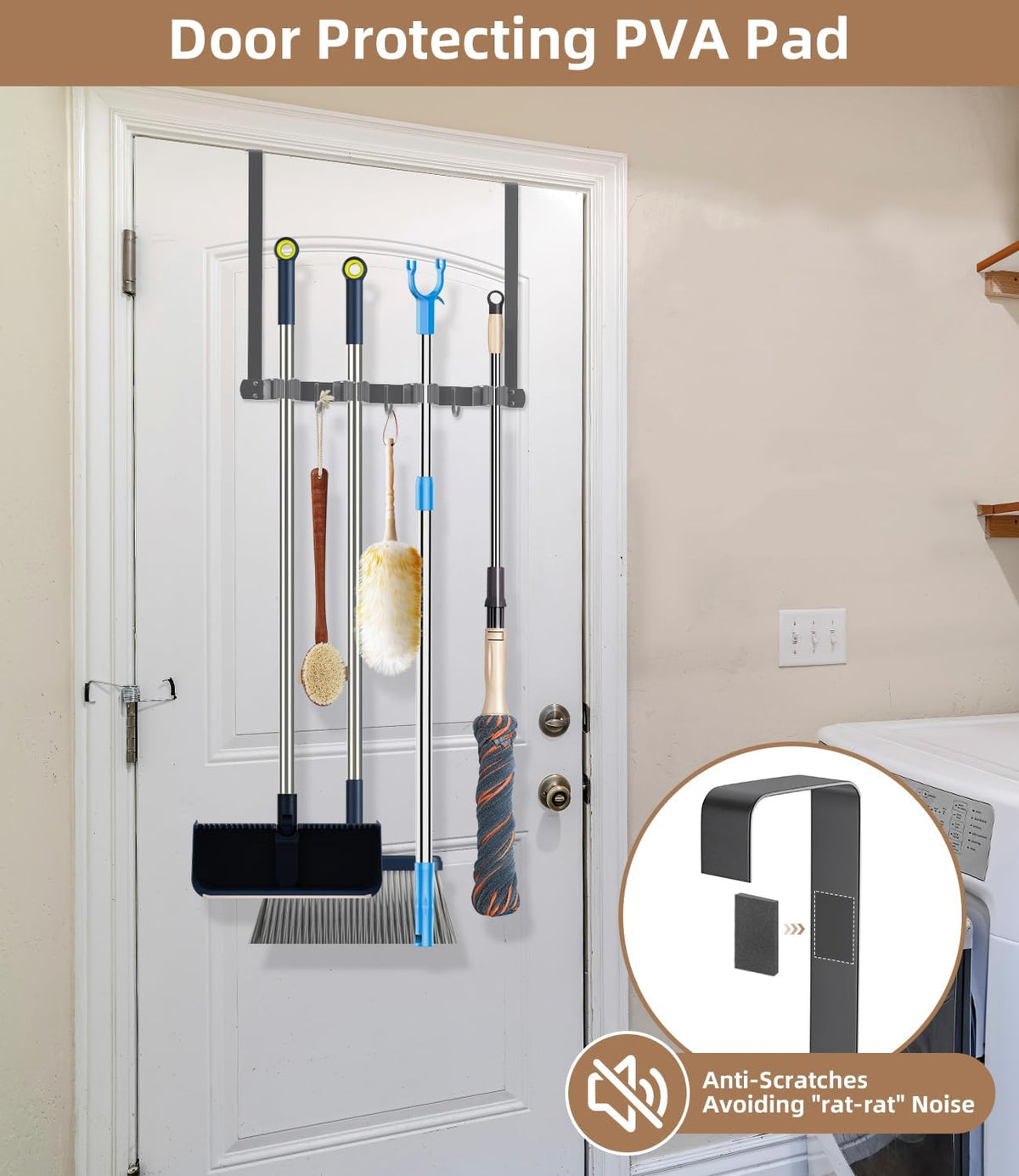 Broom Holder Over The Door-304 Stainless Steel Mop and Broom Holder Wall Mounted or Hanging Over The Door with Hooks - Broom Hanger, Tool Organizer for Garage Closet Laundry Kitchen-Space grey