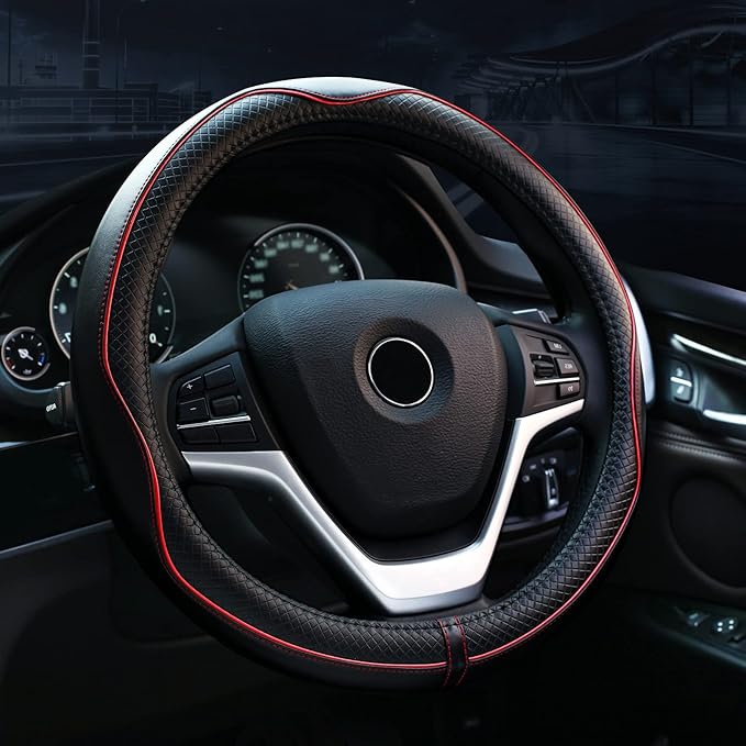 Valleycomfy Steering Wheel Covers Universal 15.75 inch - Genuine Leather, Breathable, Anti Slip & Odor Free (Black with Red Lines, L(15" 1/2-16"))