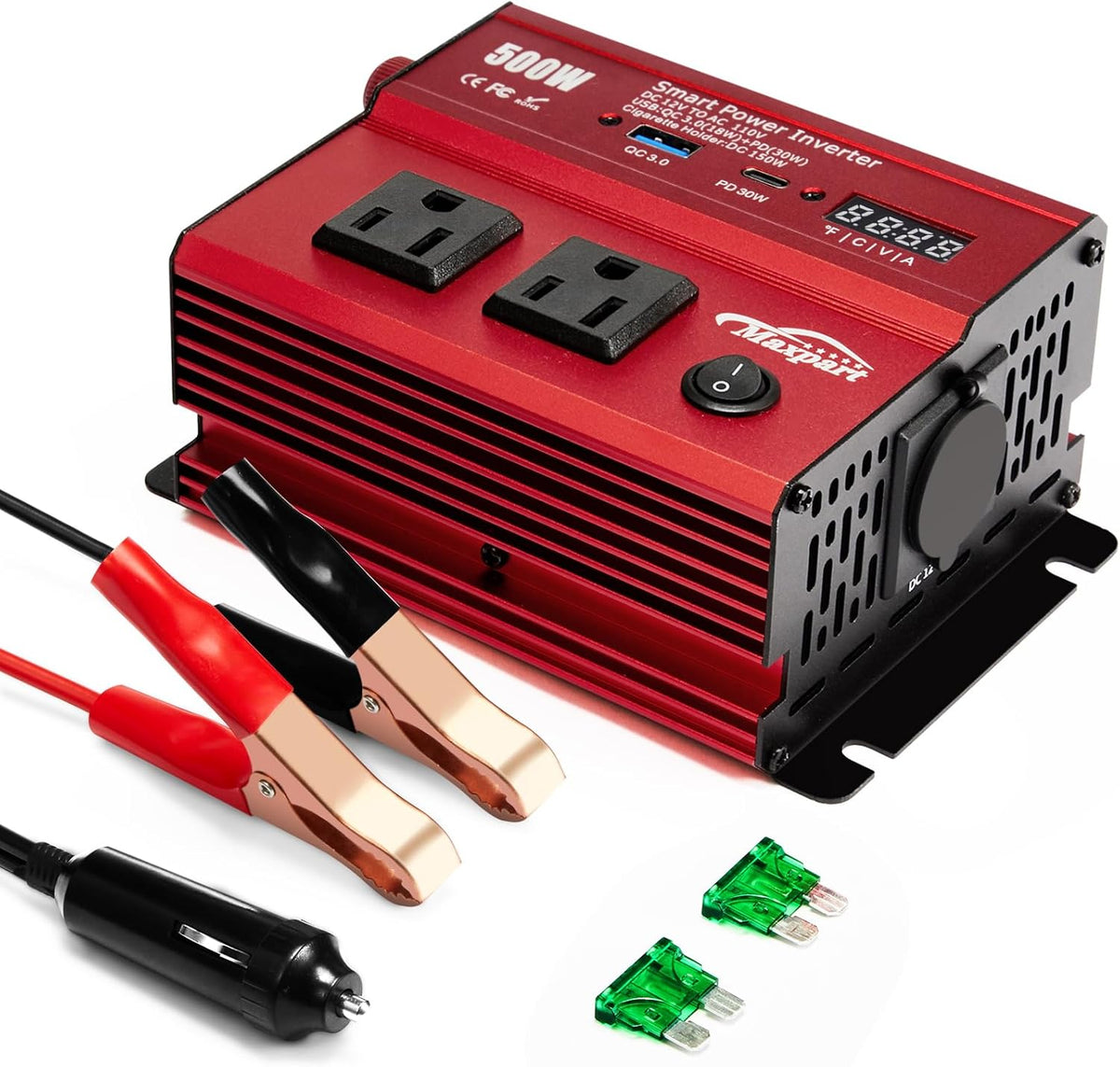 500W Power Inverter, Car/Light Truck 12V DC to 110V AC Converter USB and 3.0A USB and Type-C Ports Car Charger Inverter with Cigarette Lighter Ports for Smartphones Laptops Tablets