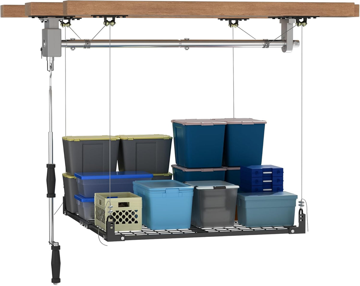 Overhead Garage Storage Rack,4x4FT Ceiling Storage Racks Lift,Adjustable Organization System,Workshops or Basements(Black)