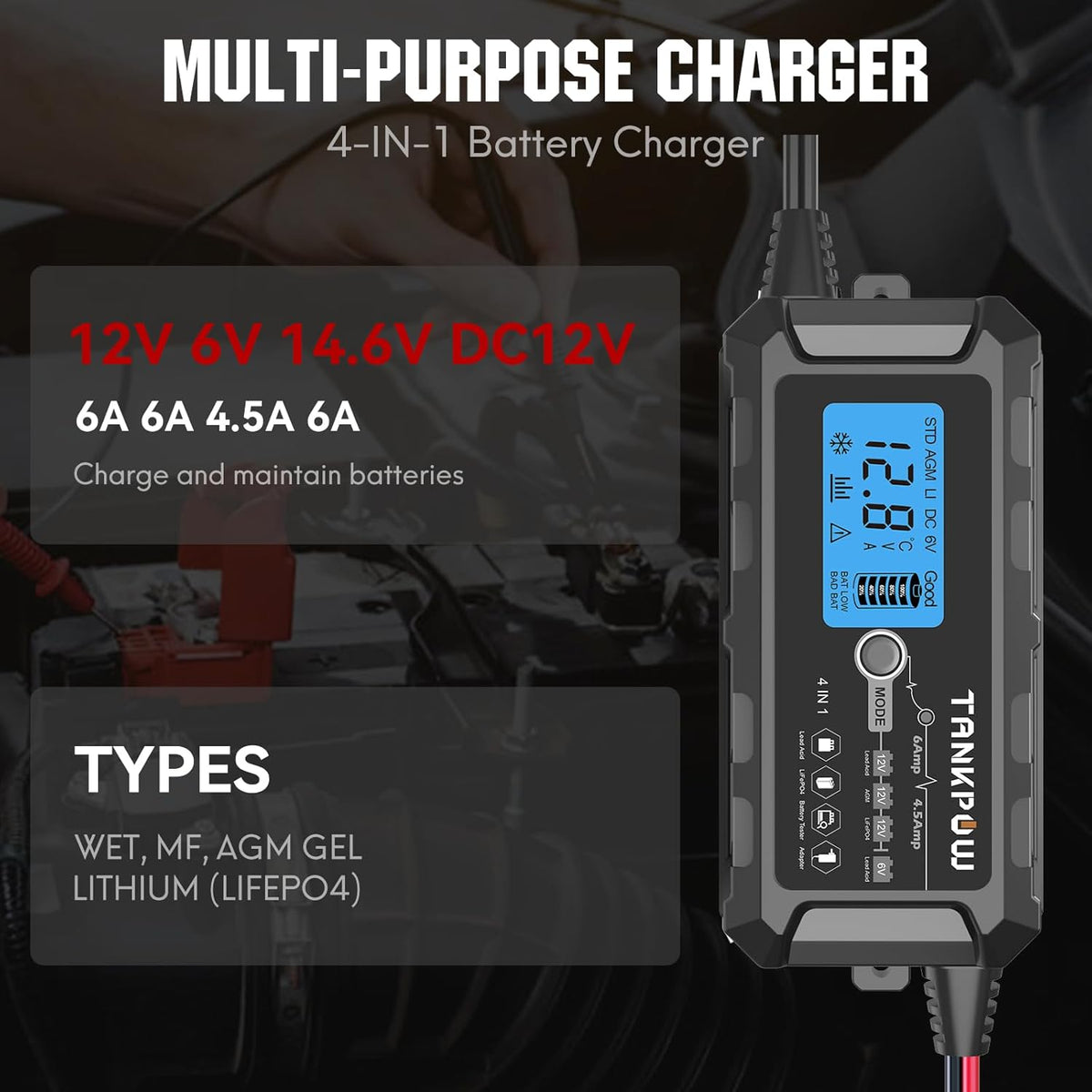 6-Amp Automotive Battery Charger, 6V and 12V Smart Car Battery Charger,Trickle Charger Battery Maintainer and Desulfator,Float Charger for Car,Motocycle,ATV,Lithium and Deep Cycle Batteries.