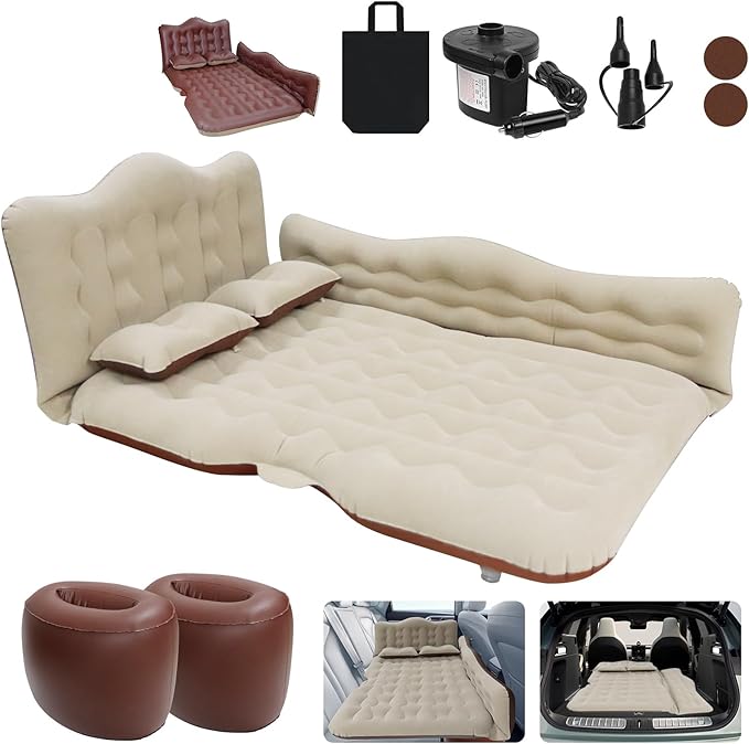 ISWEES Car Bed SUV Air Mattress, Car Air Mattress with Electric Pump, 2 Inflatable Pillows and 2 Footrests for Back Seat, Side Seat,Trunk Sleeping, Thickened Camping Bed - Brown