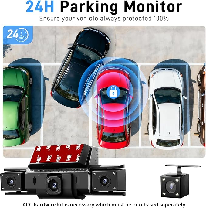 4 Channel Dash Cam 360 View Front Rear Left Right Car Camera,GPS and 5GHz Band WiFi,APP Control,G-Sensor,24H Parking Mode,8PCS IR Lights Night Vision,Wide Angle,WDR,Included Free TF Card