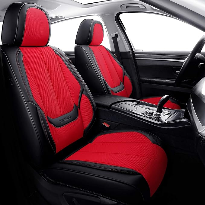 Coverado Front Seat Covers, Universal Seat Covers for Cars, Breathable Fabric&Leather Car Seat Protector, Front Car Seat Covers, Seat Covers Waterproof, Driver Seat Cover Fit for Most Cars, BlackRed