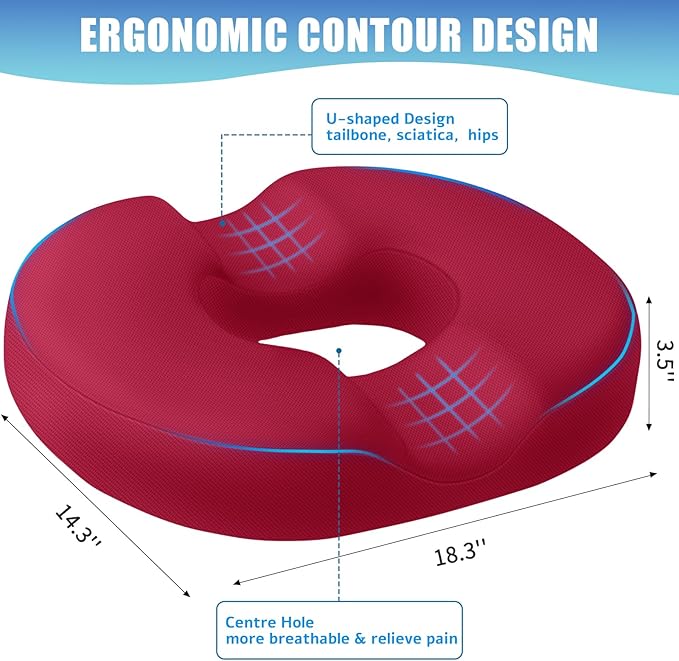 BlissTrends Donut Pillow Seat Cushion, Donut Chair Cushions for Postpartum Pregnancy & Hemorrhoids, Tailbone Pain Relief Cushion, Memory Foam Lifting Cushions for Office & Home Chairs (Red, X-Large)