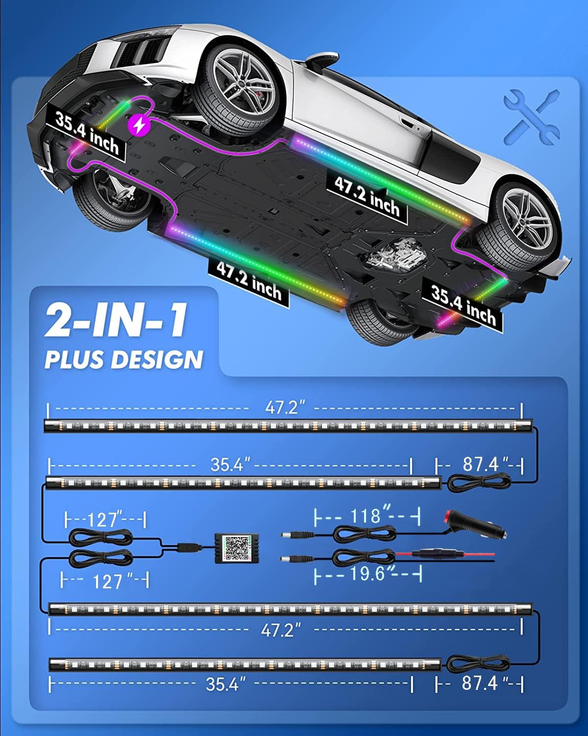 Underglow Car Lights, 252 LEDs RGBIC 4 pcs Dream Color Dancing Chasing Strip Lights with 16 Million Colors and 213 Scene Modes with App and Remote Control, 5 Music Modes for All Cars