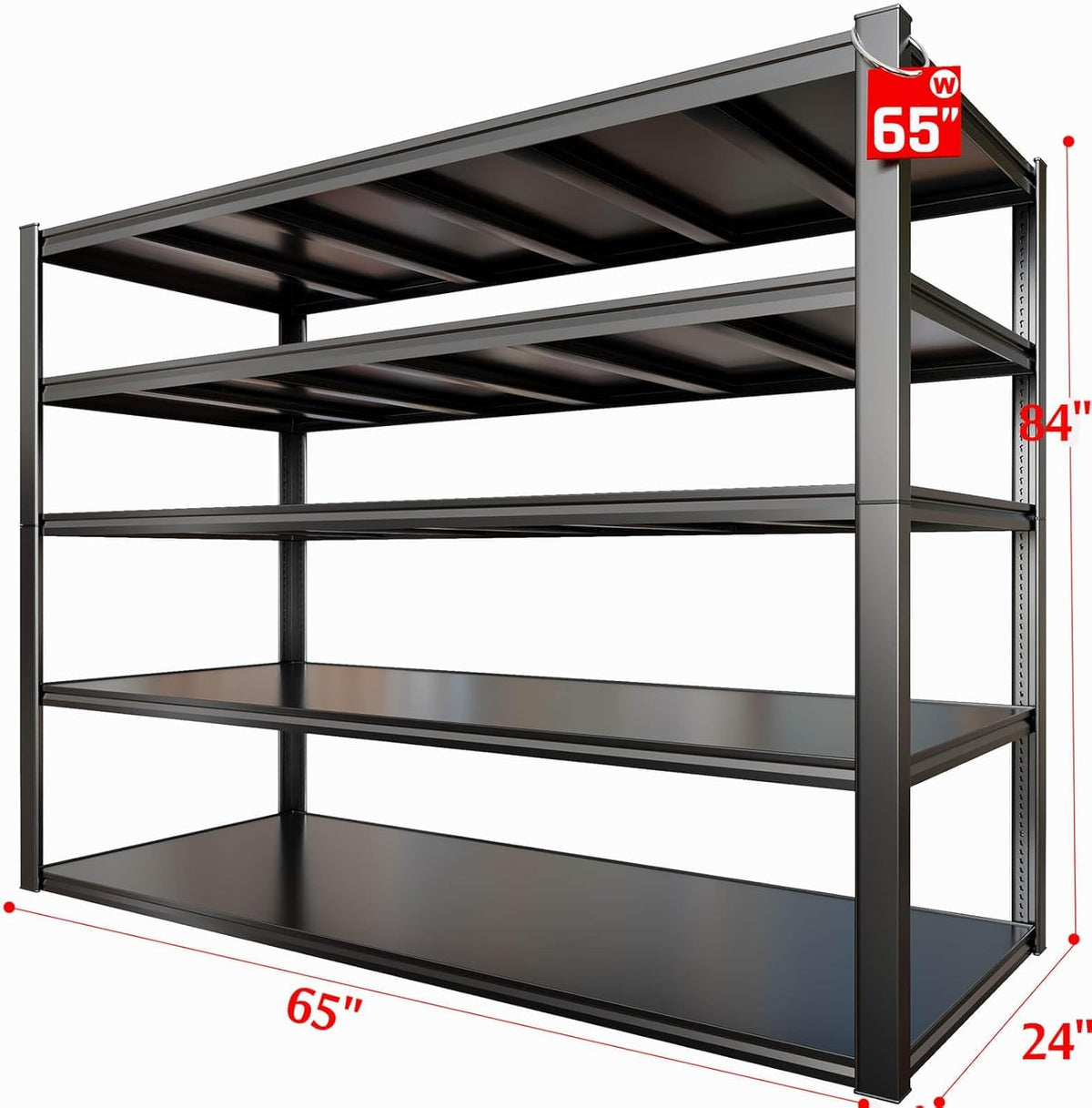 65" W Heavy Duty Garage Shelving, 84" H Garage Storage Shelves, 5 Tier Metal Shelving Unit, Commercial Shelving