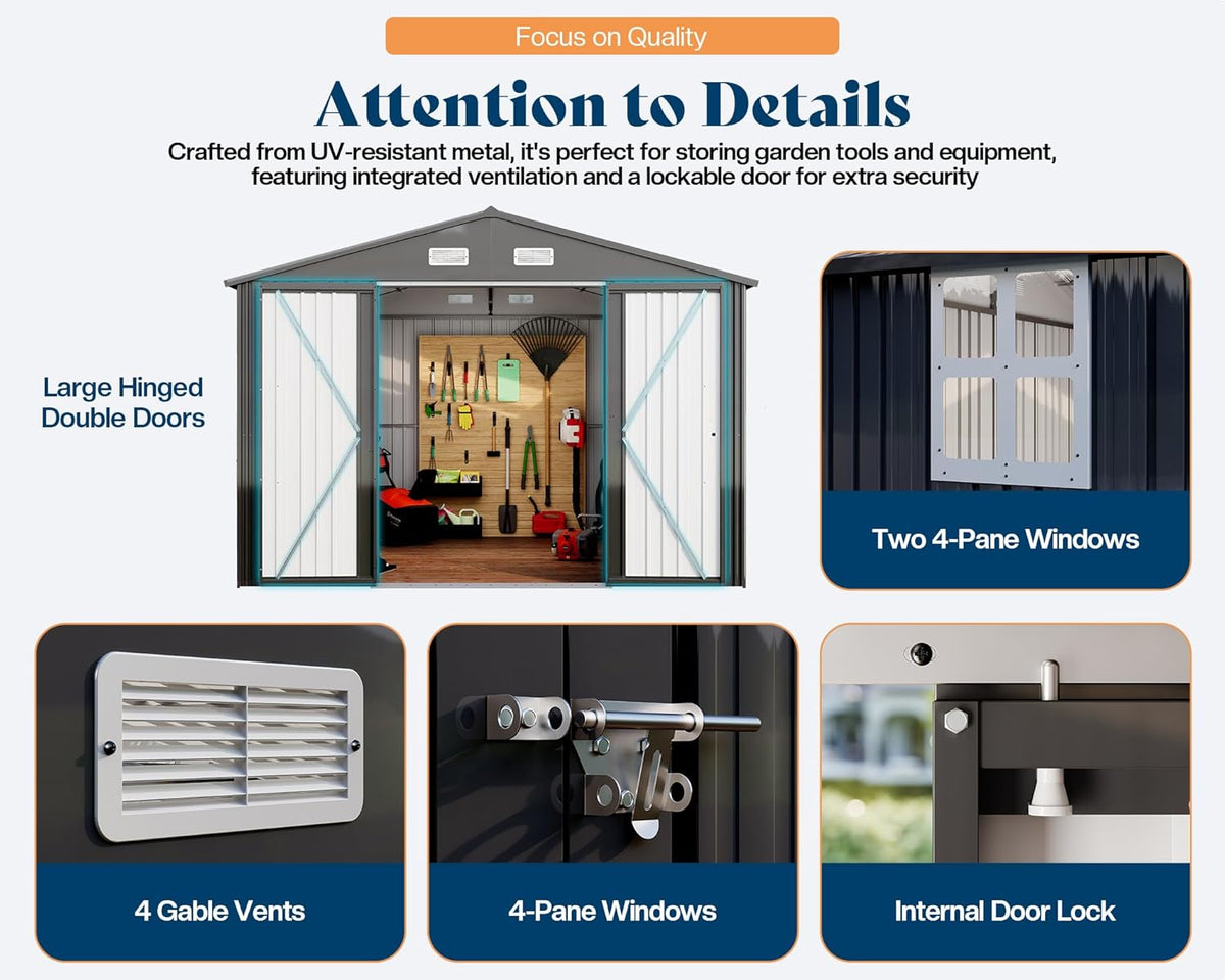 AMERLIFE 10.1x11.5x7.4 FT Galvanized Steel Storage Shed with Dual Transparent Panels, 2 4-Pane Windows & Hinged Double Doors, Outdoor Shed for Backyard, Patio, Garden, Dark Grey