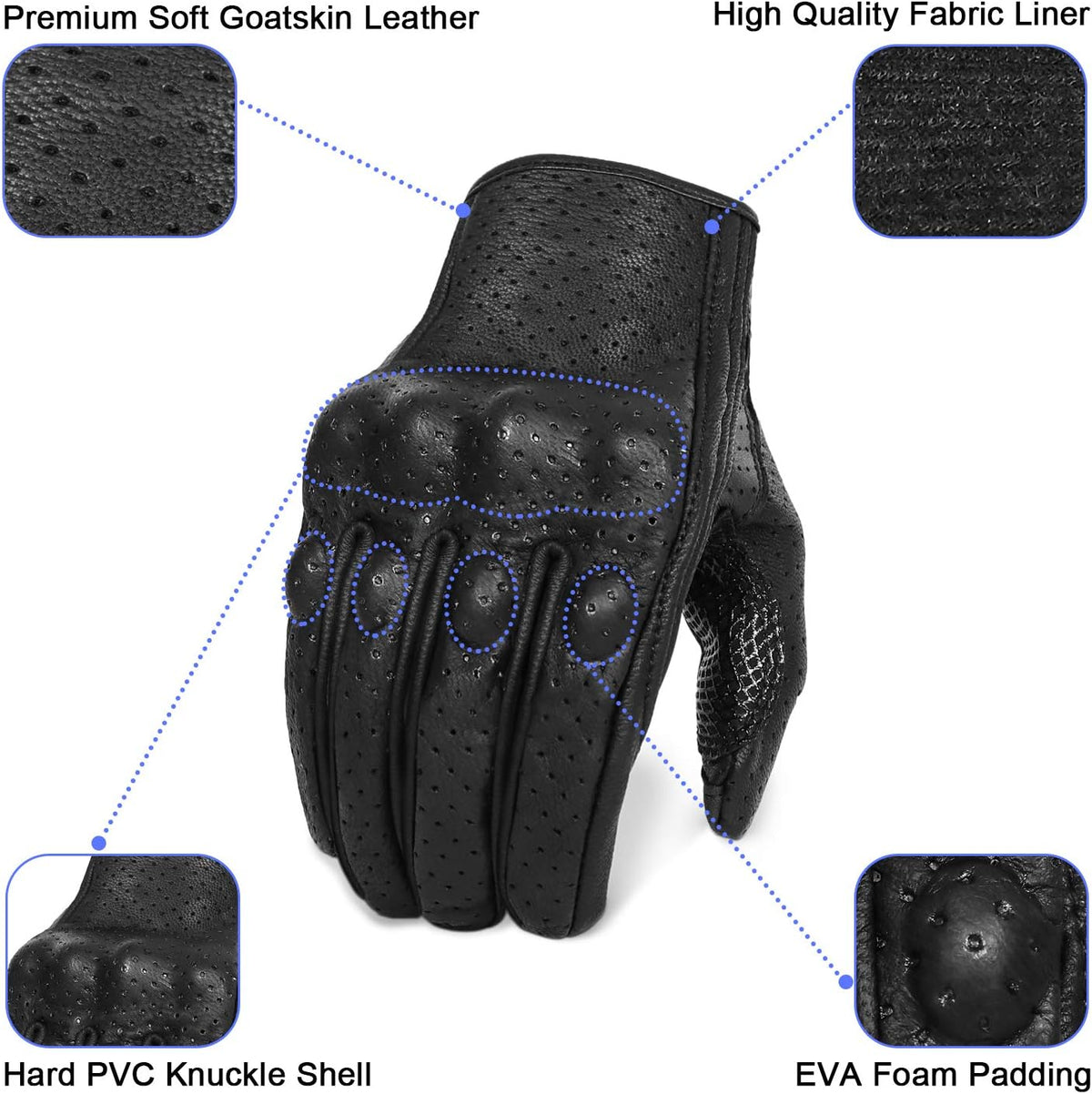 Updated Men’s Leather Motorcycle Gloves with Two Touchscreen Fingers Anti-Slip Motorbike Racing Gloves (Updated,Perforated, XXL)