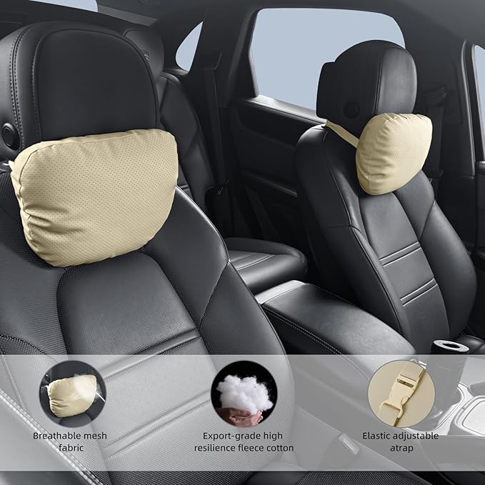 Car Neck Pillow, 2 Pack PU Leather Car Headrest Pillows with Adjustable Strips, Car Neck Support Ergonomic Du-Pont Bio Cotton Pillow, Head Rest Travel Pillow for Car (Beige, Soft Style)