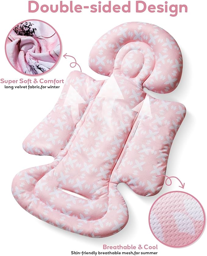Infant Car Seat Insert, Enlarged Head Support for Baby Carseat, Reversible Newborn Insert with 3 Strap Covers, 2-in-1 Baby Car Seat Cushion for Stroller, Swing, Bouncer, Rocker - Pink Floral