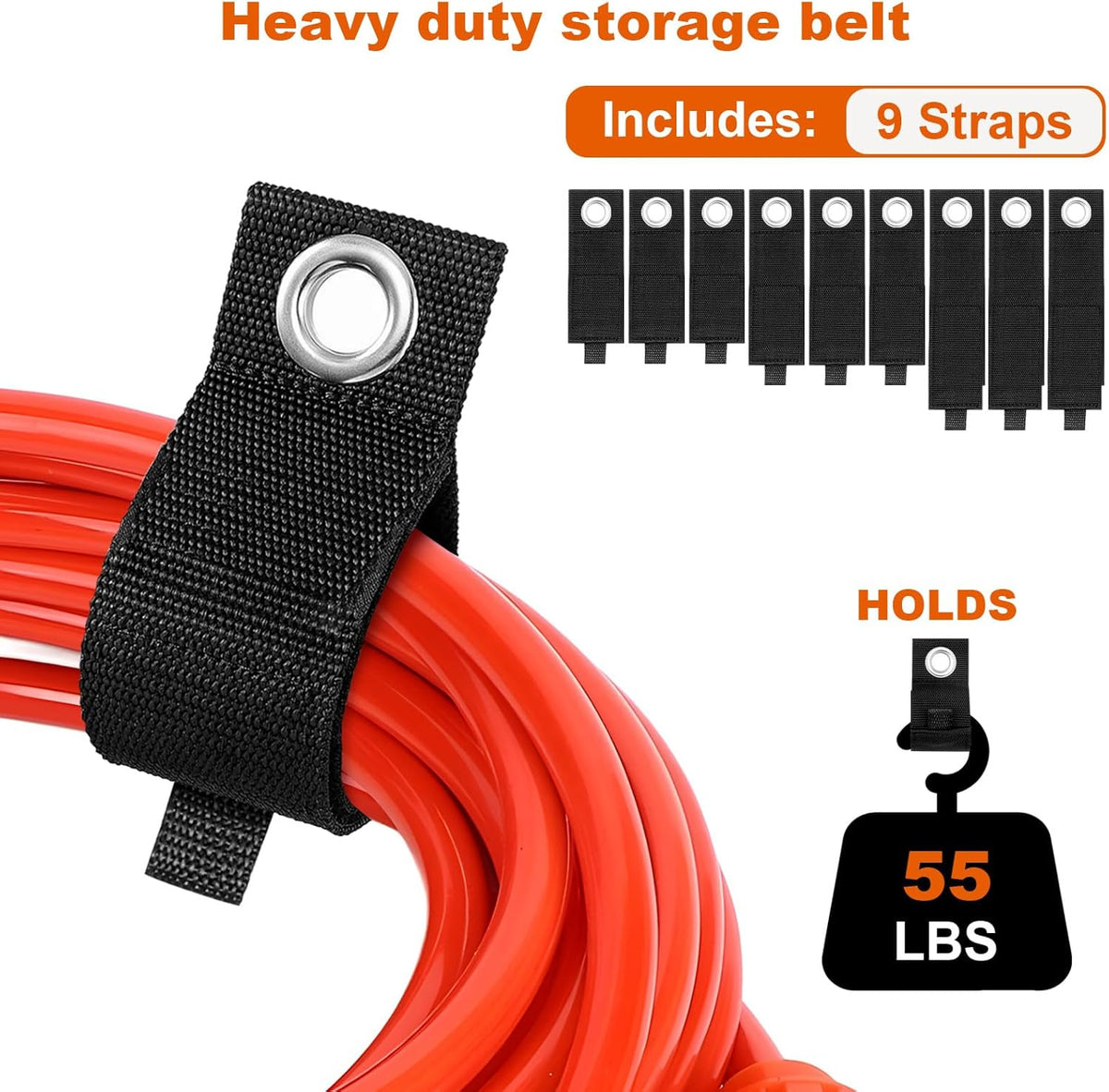 Heavy-Duty Storage Straps，Extension Cord Holder Organizer Variety Pack Holds 55lbs，Fit Easily on Hooks or Nails ， Perfect for Garage Organization 3-pk 10",14" and 18", Black (9, BLACK)