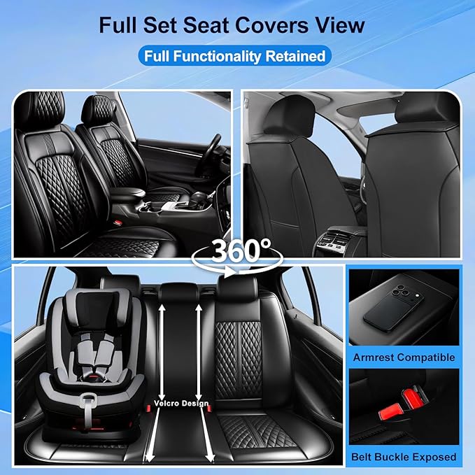 Fit Cruze Car Seat Covers for Select Chevrolet/Chevy Cruze 2011-2019 - Premium Full Coverage Leather, Airbag Compatible, Waterproof & All Weather Seat Cushion Protector, Full Set, Black