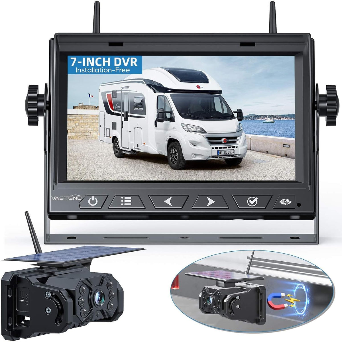 Magnetic Solar Wireless Backup Camera No Installation VASTEND 1080P 7'' RV Backup Camera with 10000mAh Rechargeable Battery for Box Truck Trailer Camper Car Caravan Rearview Reversing Camera (VS-7A)