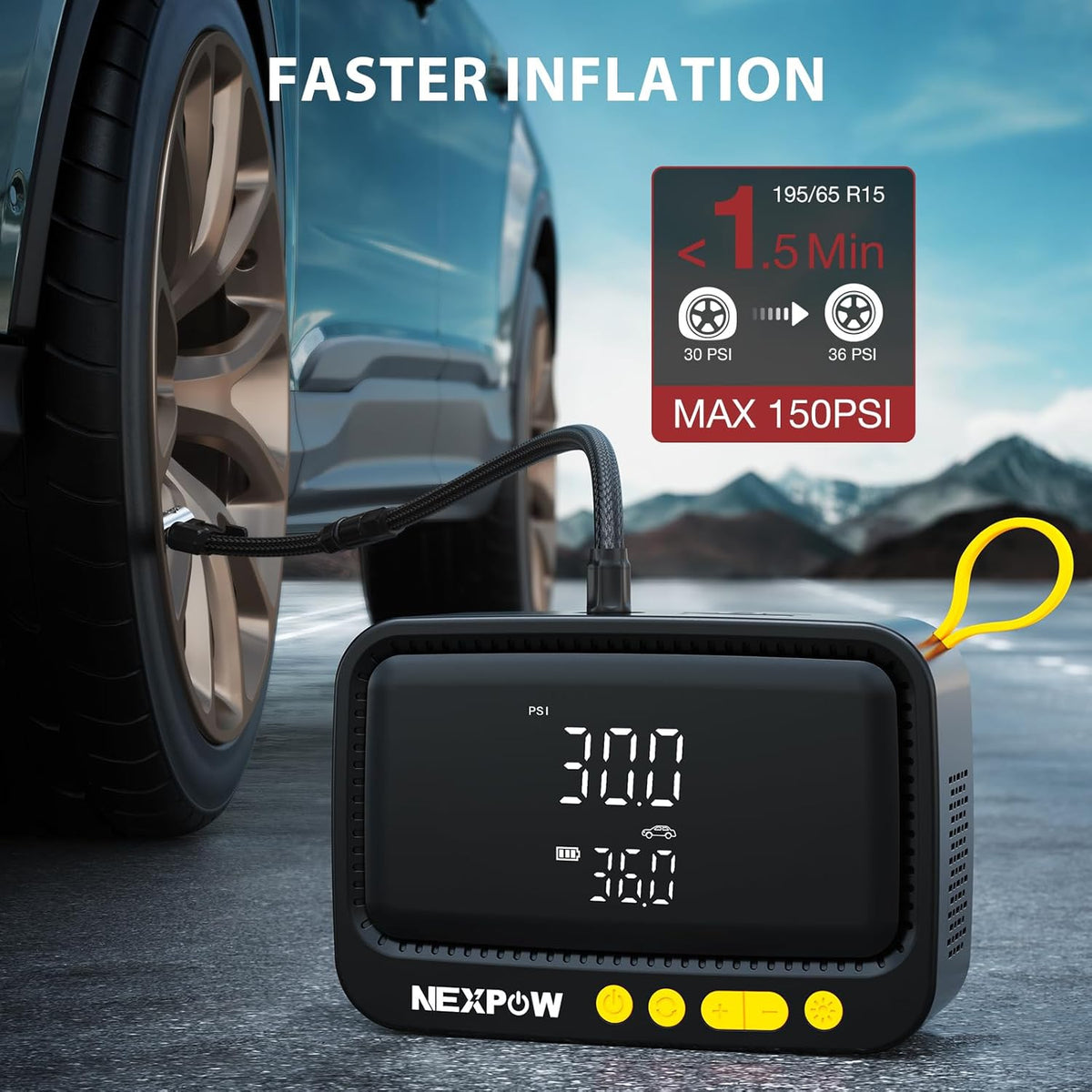 NEXPOW Tire Inflator Portable Air Compressor, 150 PSI Cordless Air Pump for Car Tires with Digital Pressure Gauge & Auto Shut-Off, Air Compressor Portable for Car, Motorcycle, Bicycle, Balls, Yellow