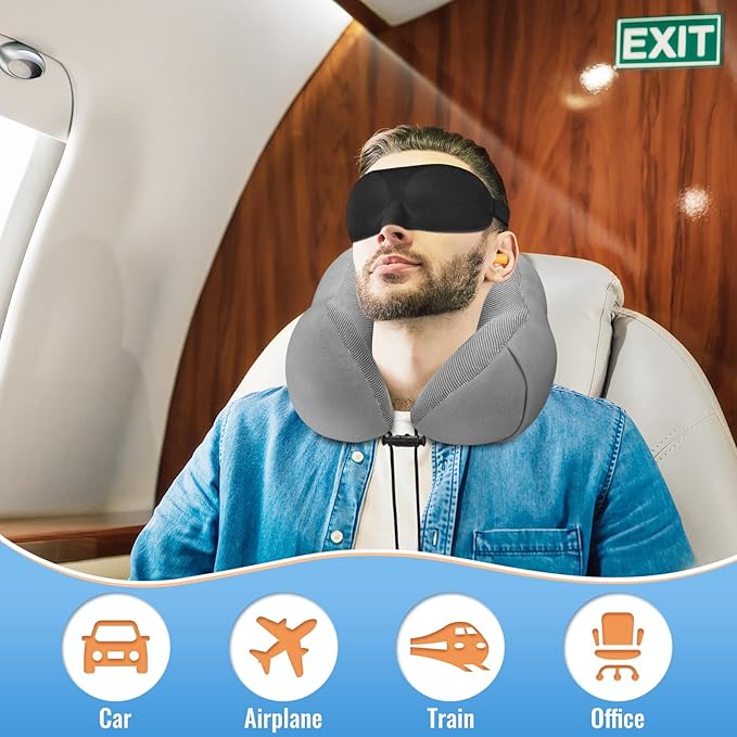 CloudBliss Travel Pillow Premium Memory Foam, Comfortable & Supportive Neck Pillow, Neck Pillows for Sleeping Travel, Airplane Pillow for Sleeping Airplane, Car, Office and Home（Black & Dark Grey）