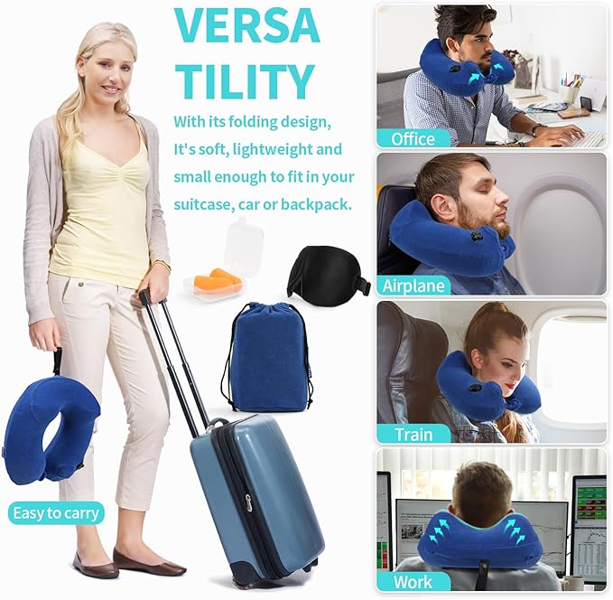 2 Pack Inflatable Travel Neck Pillows for Airplanes, Head Support Velvet Adult Neck Pillows for Long Flight, Kit with Eye Mask, Earplugs and Storage Bag, 2, Navy Blue