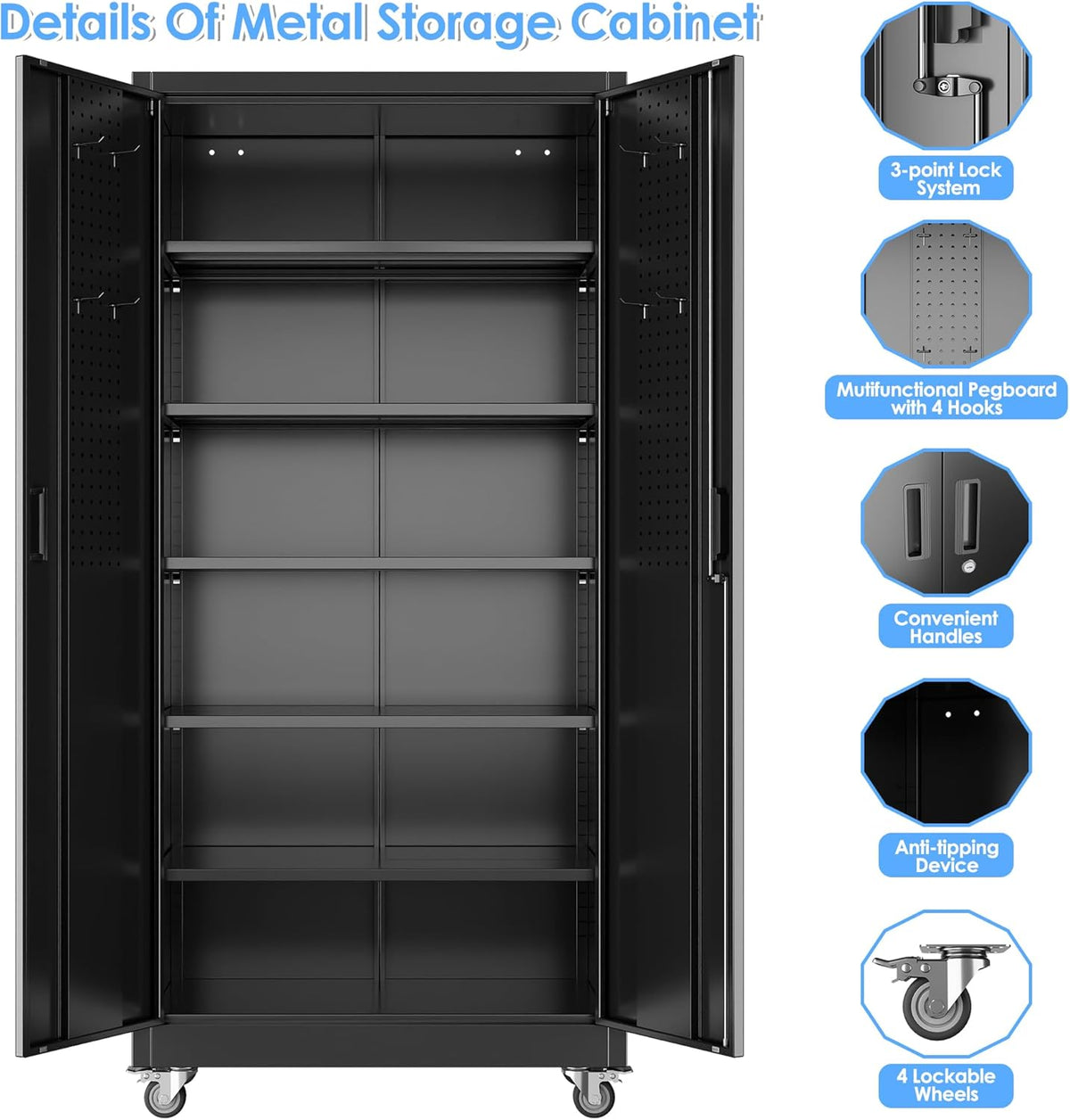Metal Garage Storage Cabinet with Wheels and Pegboard 71'' x 34'' x 18'', Lockable Rolling Steel Cabinet with 5 Adjustable Shelves and Door for Garage, Office, Kitchen, Assembly Required(Black)