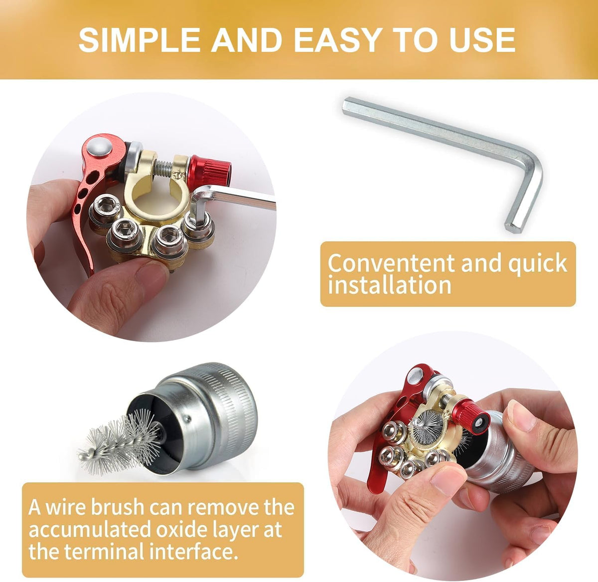 SINGARO Car Battery Terminal Connector, 4 Way Positive and Negative Pole Quick Release Terminal Clip, Applicable to SAE/JIS A Type Terminal Post, Compatible with Cars, Trucks and More（Gold-B）