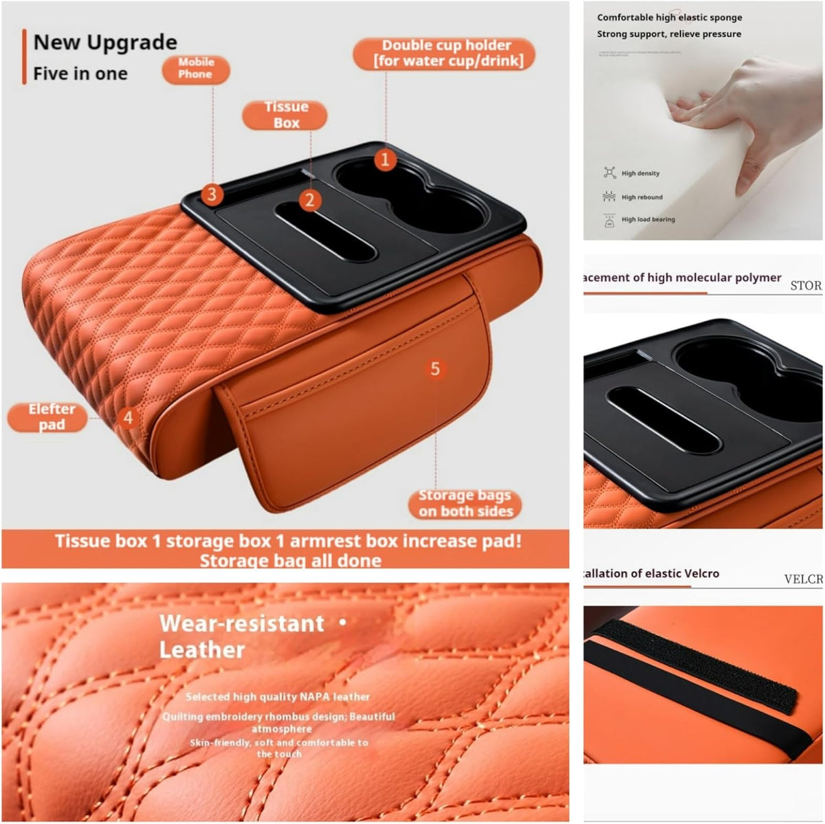 Center Console Cover Organizer, 5-In-1 Arm Rest Cover for Car with Cup Holder & Storage Pocket & Tissue Holder, Armrest Cover Cushion Pad, Water Ripples, Orange