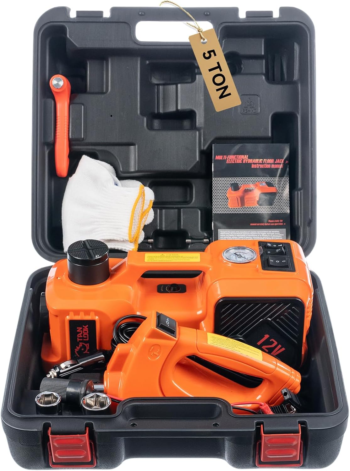 Electric Car Jack Kit with Hydraulic Lift 5-Ton, Tire Inflator & Impact Wrench Heavy-Duty 12V Floor Jack for Sedans,SUVs,MPVs & Trucks.Ideal for Tire Changes & Garage Repairs (with Electric Wrench)