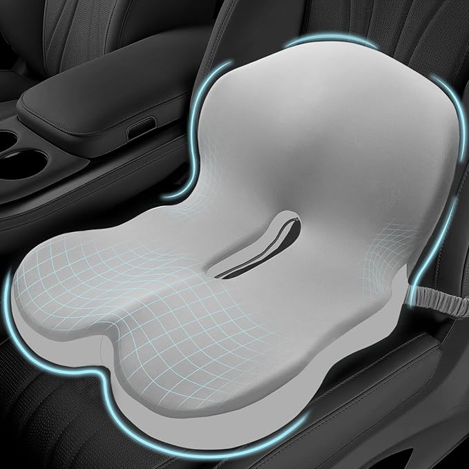 Memory Foam Seat Cushion for Sciatica & Back Pain Relief - Ergonomic Chair Pad with Adjustable Strap & Supportive Comfort Cover, Non-Slip for Car, Truck, Office Chair - Light Gray