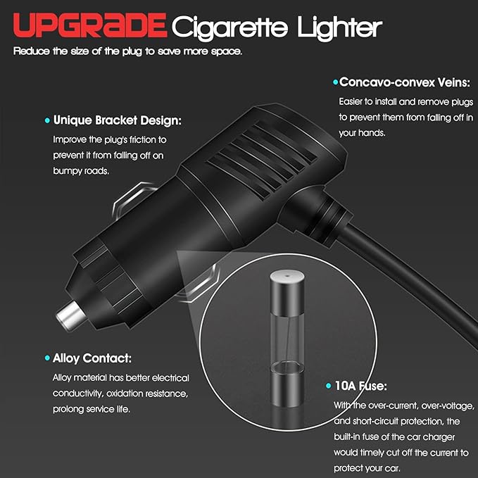 3-Socket Car Cigarette Lighter Splitter Adapter, 2 USB Splitter Extender [120W] [12V/24V] [3.1A Dual USB Car Charger] [Black] for Device with Emergency Warning Light