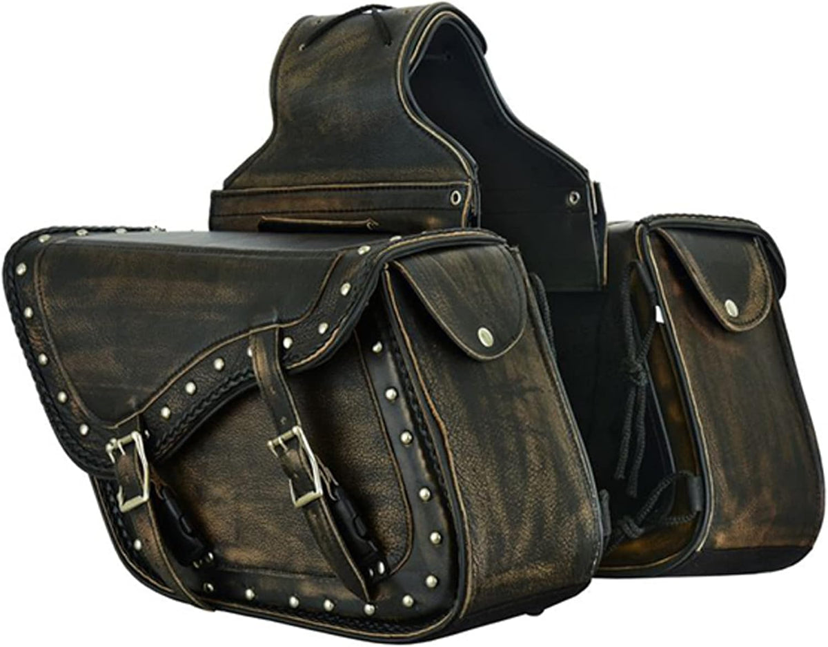 Dream Apparel Naked Cowhide Leather Motorcycle Saddle Bags Studded Throw Over Saddlebags, Motorcycle Side Bags for Honda Shadow Sportster Softail Dyna V-star (Distressed Brown, With Studs)