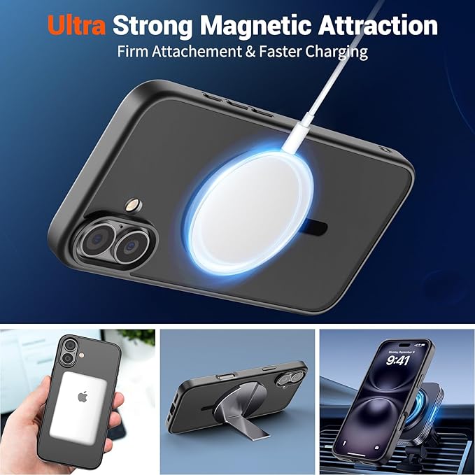 SUPFINE Magnetic for iPhone 16 Case (Compatible with MagSafe) (Military Grade Drop Protection) Translucent Matte Shockproof with Anti-Fingerprint Phone Cover,Black