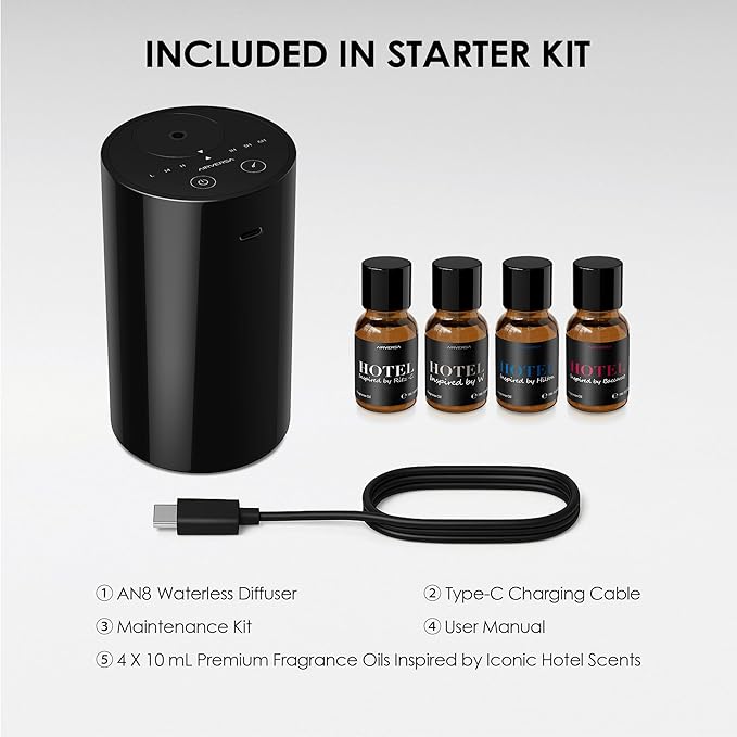Airversa Waterless Essential Oil Diffuser Starter Kit with 4 x 10mL Hotel Scent Fragrance Oil, Battery Operated Mini Scent Air Machine Portable Diffuser for Home Car Office, AN8 Kit Black