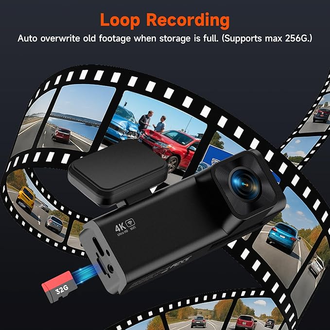E-YEEGER Dash Cam Front and Rear, 4K+1080P Dual Channel Dash Camera for Cars with Night Vision, Mini Car Camera with 1.97” IPS Screen, G-Sensor, 24H Parking Mode, Loop Recording 32GB Card Included