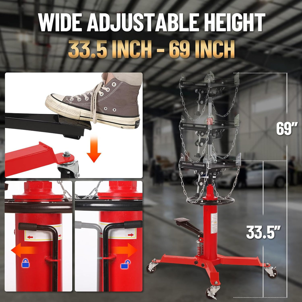 Transmission Jack with 2 Stage Hydraulic Ram, 1322 LBS Hydraulic Telescoping Transmission Jack with Foot Pedal & 360° Swivel Wheels, Heavy-Duty Garage/Workshop Jacks for Car/Truck Repairs, Red
