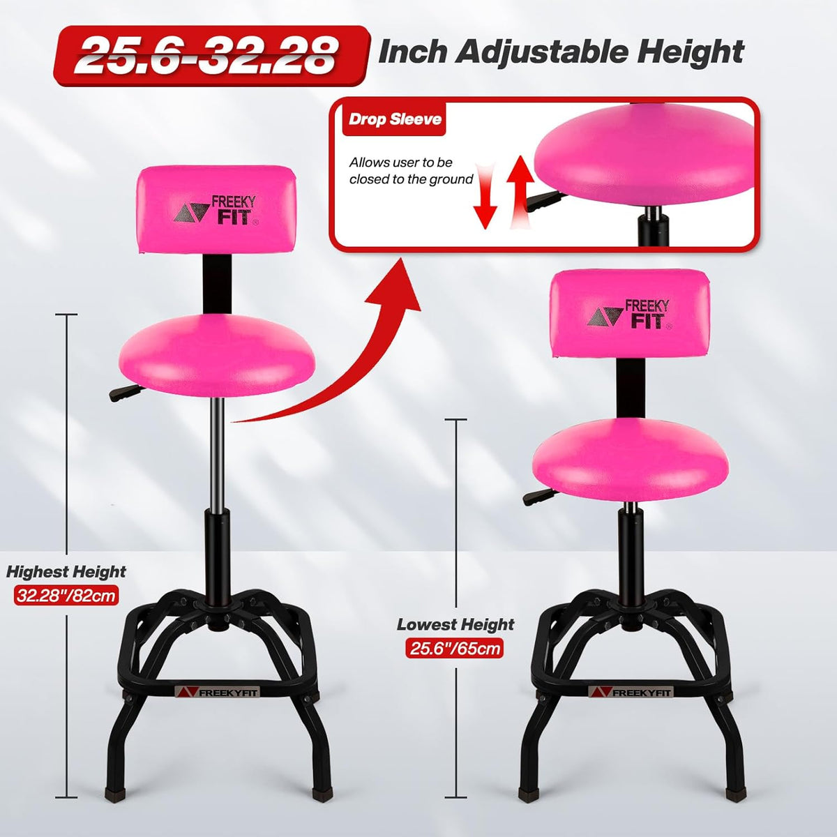 Shop Stool with Backrest, Mechanic Garage Stool for Workshop, Adjustable Shop Stools Chair, Padded Workbench Stools for Men Women, 300 LBS Capacity, 360° Swivel PVC Seat, Heavy Duty, Pink